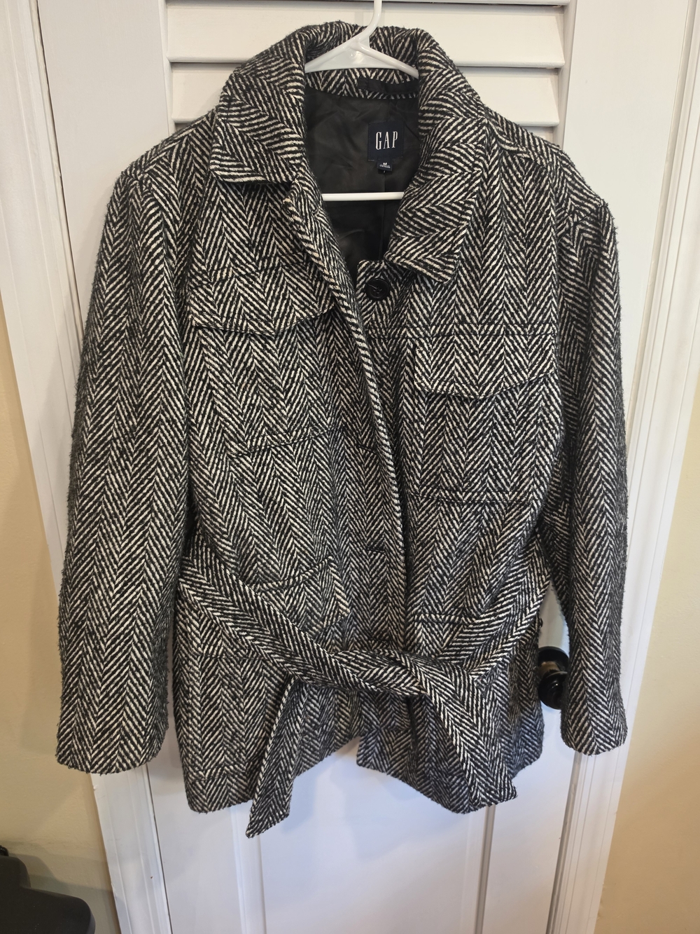GAP Black & White Herringbone Belted Peacoat
